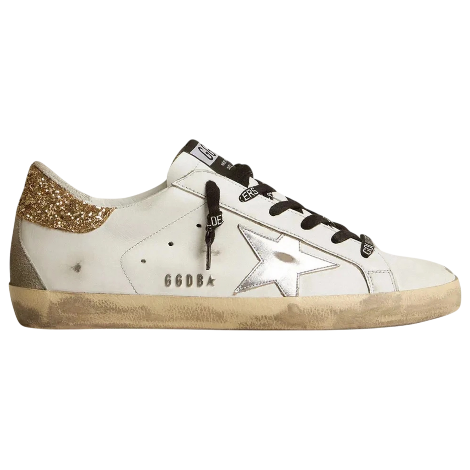 Golden Goose Super-Star White Leather Glittery Heel Tab