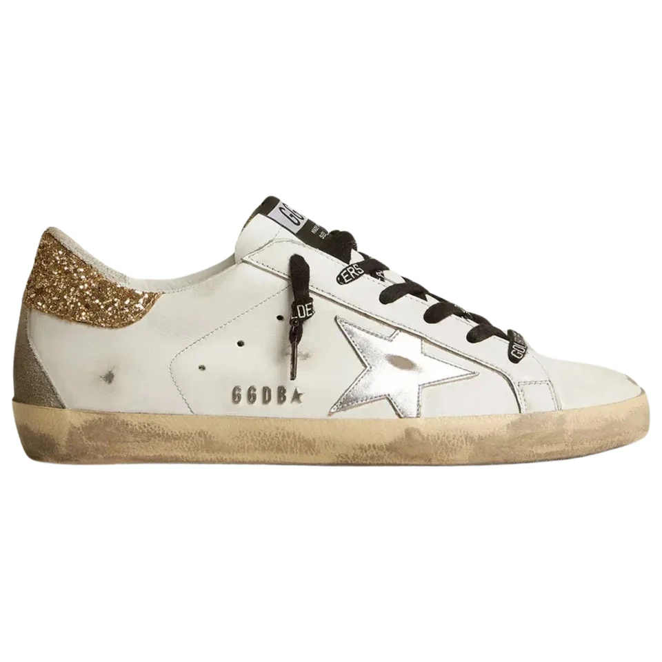 Golden Goose Super-Star White Leather Glittery Heel Tab