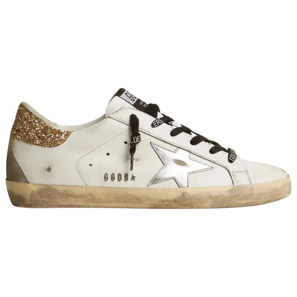 Golden Goose Super-Star White Leather Glittery Heel Tab